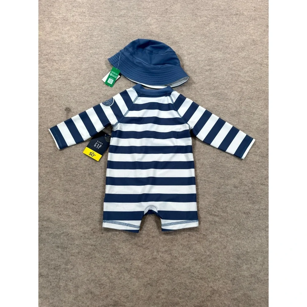 Gap Baby Reversible Swimsuit Set 6-12M Striped Rashguard & Bucket Hat UPF 50+